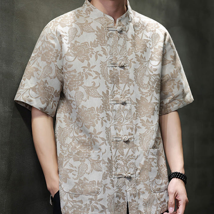 Buddha Stones Casual Jacquard Paisley Flower Plant Pattern Frog-Button Design Men's Cotton Shirt Cardigan With Pockets - image 15