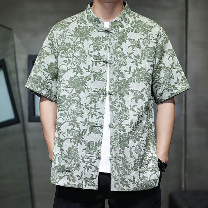 Buddha Stones Casual Jacquard Paisley Flower Plant Pattern Frog-Button Design Men's Cotton Shirt Cardigan With Pockets - image 33