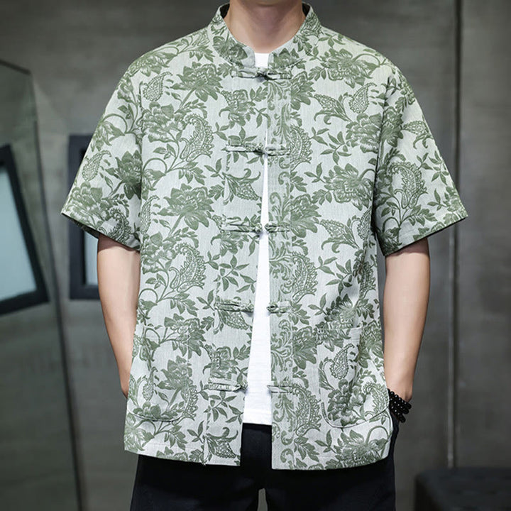 Buddha Stones Casual Jacquard Paisley Flower Plant Pattern Frog-Button Design Men's Cotton Shirt Cardigan With Pockets - image 33