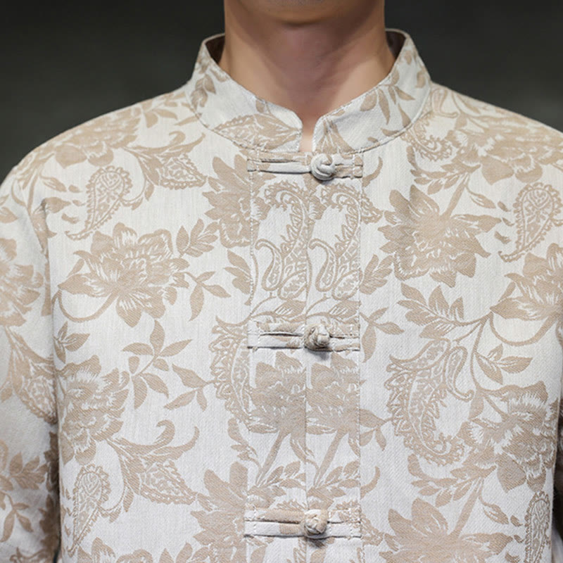 Buddha Stones Casual Jacquard Paisley Flower Plant Pattern Frog-Button Design Men's Cotton Shirt Cardigan With Pockets - image 16