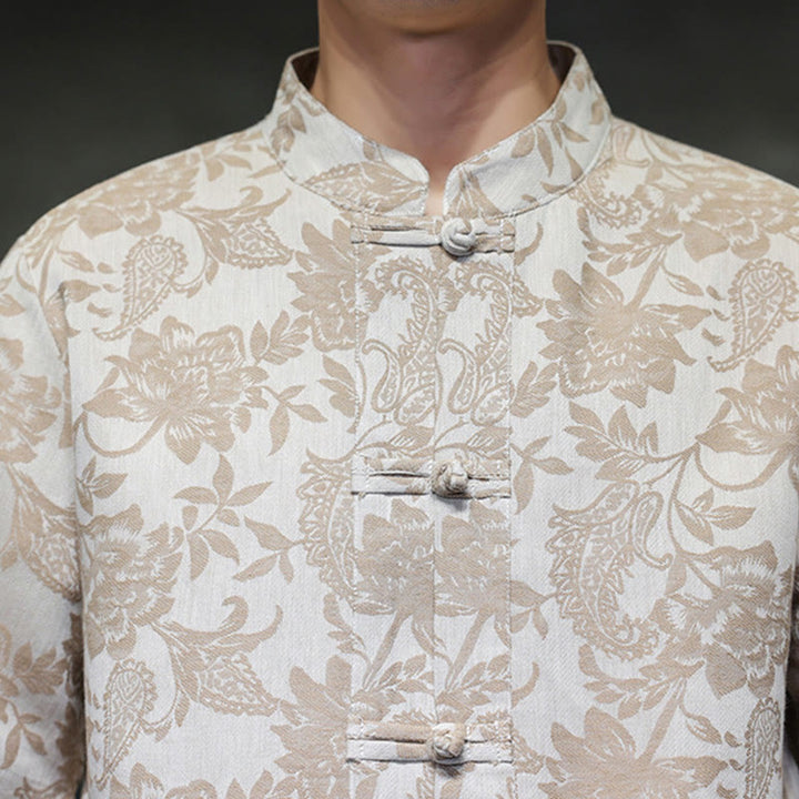 Buddha Stones Casual Jacquard Paisley Flower Plant Pattern Frog-Button Design Men's Cotton Shirt Cardigan With Pockets - image 16
