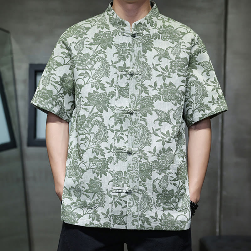 Buddha Stones Casual Jacquard Paisley Flower Plant Pattern Frog-Button Design Men's Cotton Shirt Cardigan With Pockets - image 30
