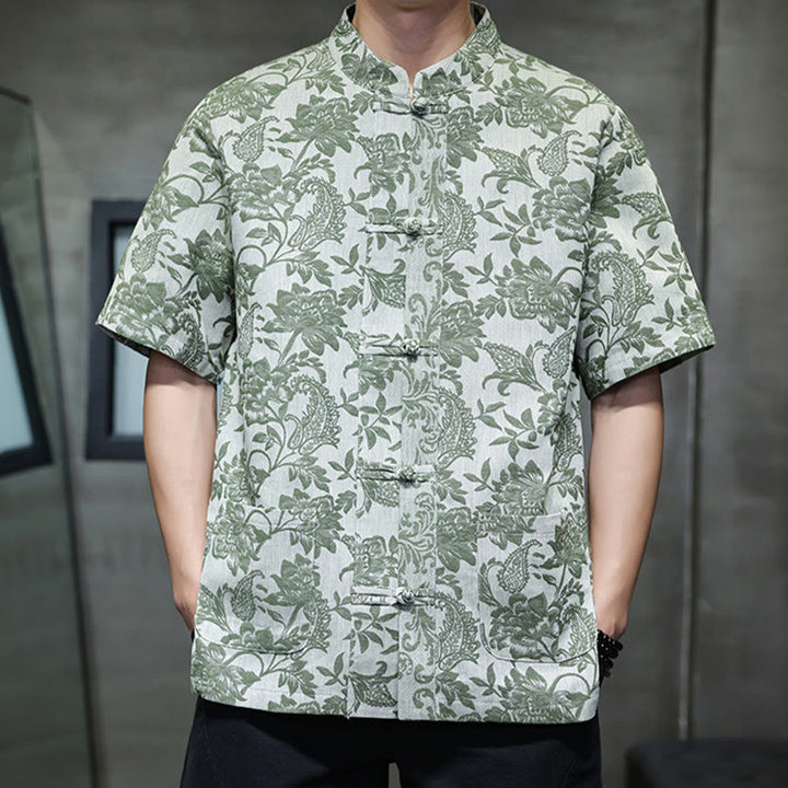Buddha Stones Casual Jacquard Paisley Flower Plant Pattern Frog-Button Design Men's Cotton Shirt Cardigan With Pockets - image 30