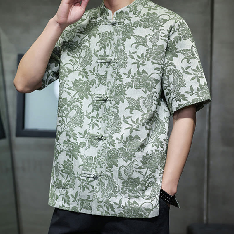 Buddha Stones Casual Jacquard Paisley Flower Plant Pattern Frog-Button Design Men's Cotton Shirt With Pockets - image 32