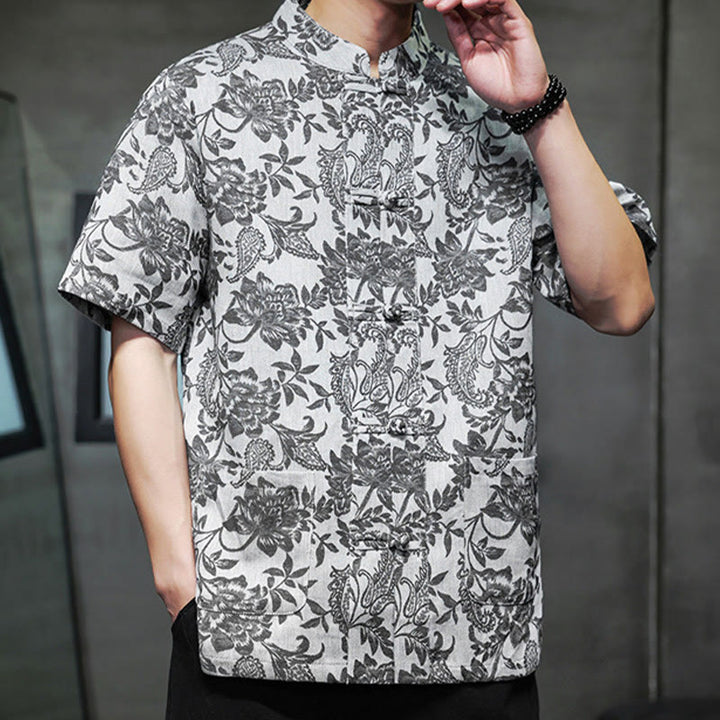 Buddha Stones Casual Jacquard Paisley Flower Plant Pattern Frog-Button Design Men's Cotton Shirt Cardigan With Pockets - image 25