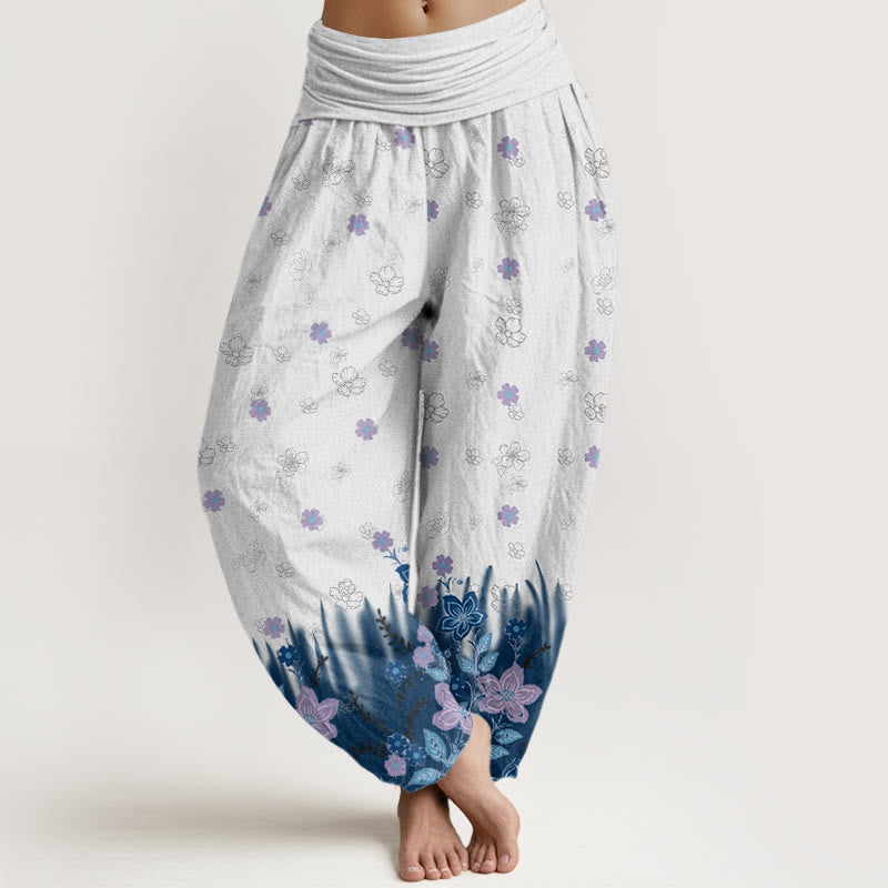 Buddha Stones Casual Floral Leaf Grass Pattern Women's Elastic Waist Harem Pants - SteelBlue - US22，UK/AU26，EU54 (6XL) - image 4