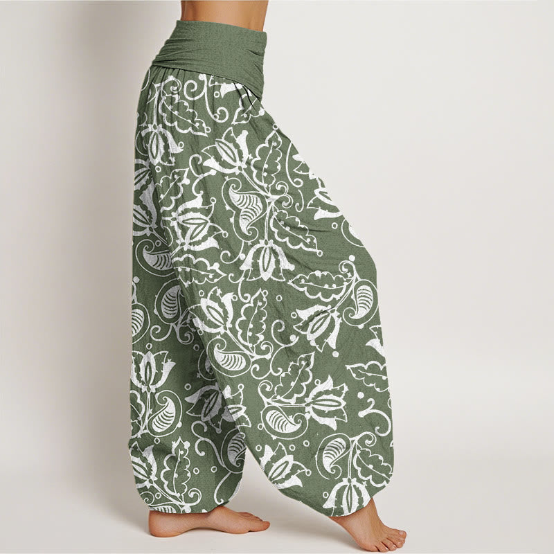 Buddha Stones Casual Plant Leaves Paisley Vortex Pattern Women's Elastic Waist Harem Pants - image 1