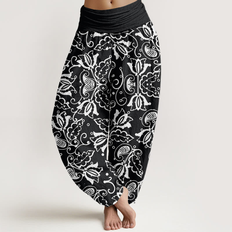 Buddha Stones Casual Plant Leaves Paisley Vortex Pattern Women's Elastic Waist Harem Pants - Black - US22，UK/AU26，EU54 (6XL) - image 7