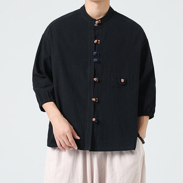 Buddha Stones Summer Frog-Button Front Stand Collar Men's Three Quarter Sleeve Cotton Shirt Cardigan With Pocket - image 14