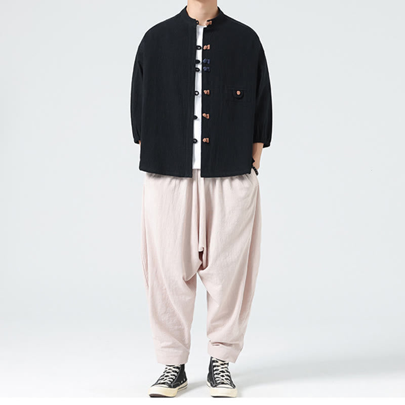 Buddha Stones Summer Frog-Button Front Stand Collar Men's Three Quarter Sleeve Cotton Shirt With Pocket - image 17