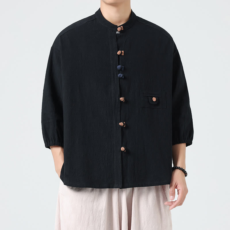 Buddha Stones Summer Frog-Button Front Stand Collar Men's Three Quarter Sleeve Cotton Shirt Cardigan With Pocket - image 13
