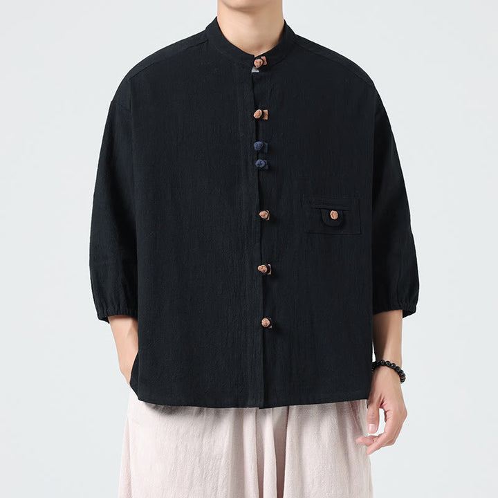 Buddha Stones Summer Frog-Button Front Stand Collar Men's Three Quarter Sleeve Cotton Shirt Cardigan With Pocket - image 13