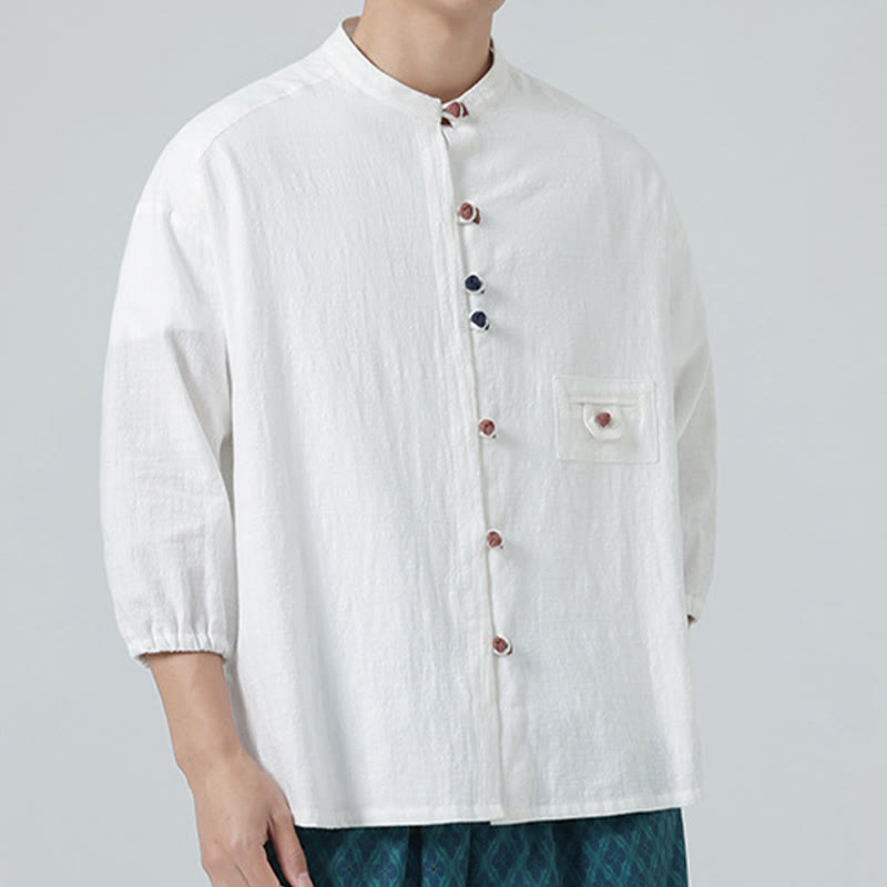 Buddha Stones Summer Frog-Button Front Stand Collar Men's Three Quarter Sleeve Cotton Shirt Cardigan With Pocket - image 5