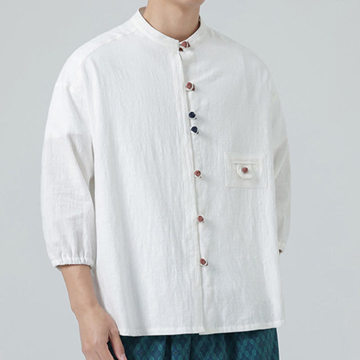 Buddha Stones Summer Frog-Button Front Stand Collar Men's Three Quarter Sleeve Cotton Shirt Cardigan With Pocket - image 5