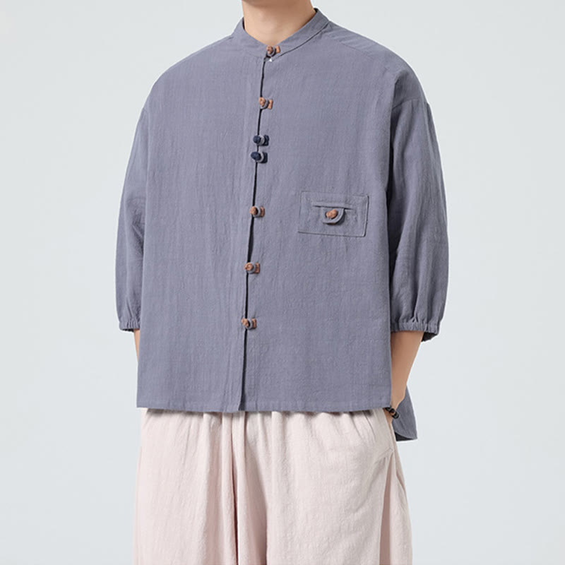 Buddha Stones Summer Frog-Button Front Stand Collar Men's Three Quarter Sleeve Cotton Shirt Cardigan With Pocket - image 20