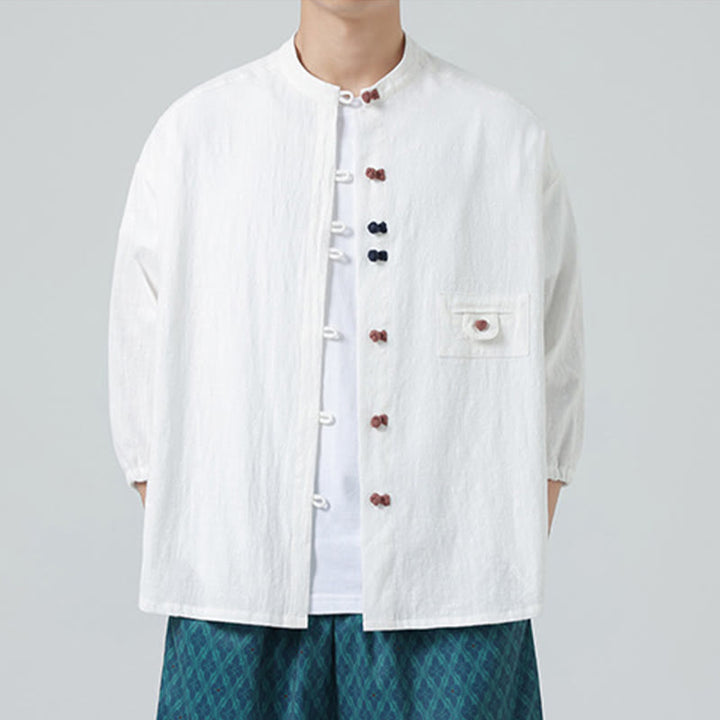 Buddha Stones Summer Frog-Button Front Stand Collar Men's Three Quarter Sleeve Cotton Shirt Cardigan With Pocket - image 4