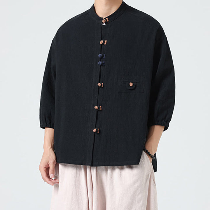 Buddha Stones Summer Frog-Button Front Stand Collar Men's Three Quarter Sleeve Cotton Shirt Cardigan With Pocket - image 12