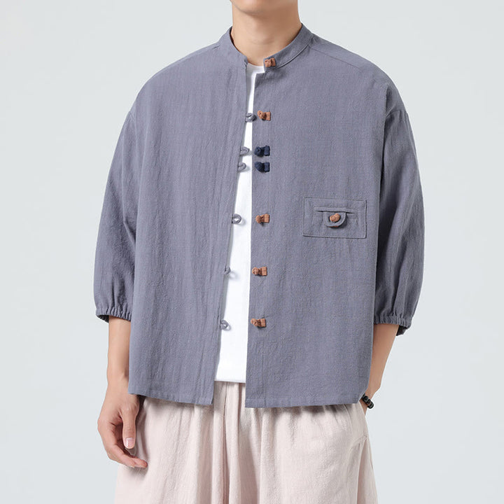 Buddha Stones Summer Frog-Button Front Stand Collar Men's Three Quarter Sleeve Cotton Shirt Cardigan With Pocket - image 22