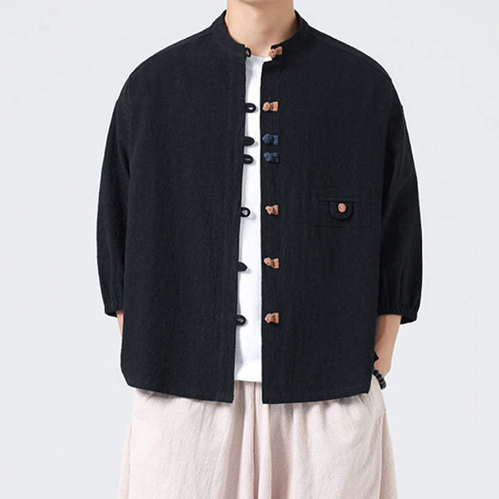 Buddha Stones Summer Frog-Button Front Stand Collar Men's Three Quarter Sleeve Cotton Shirt Cardigan With Pocket - image 11