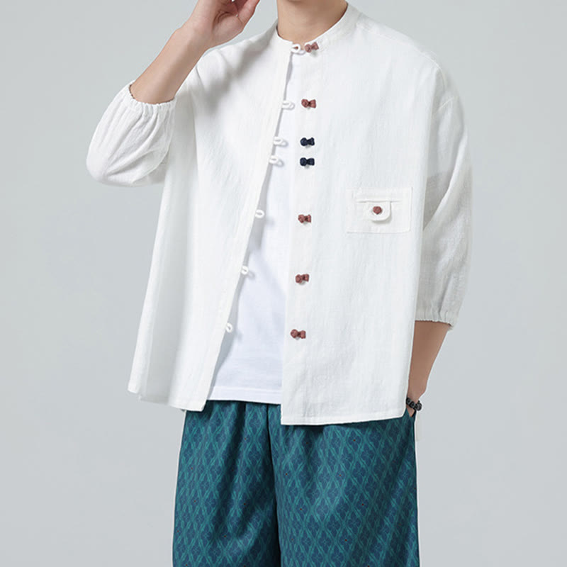Buddha Stones Summer Frog-Button Front Stand Collar Men's Three Quarter Sleeve Cotton Shirt Cardigan With Pocket - White - US/UK/AU46，EU56 (5XL) - image 0