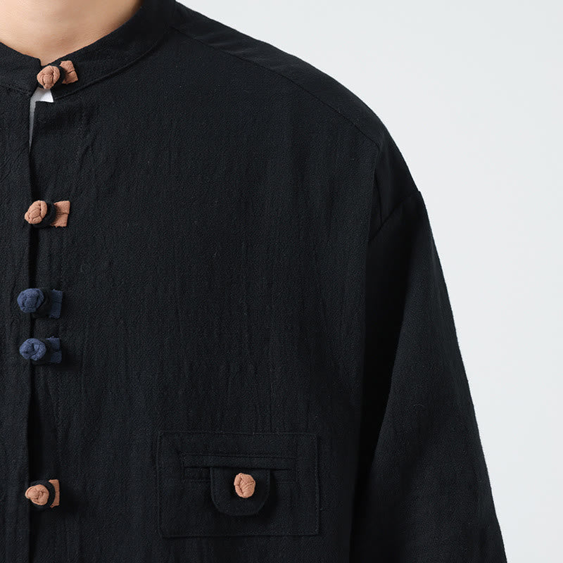 Buddha Stones Summer Frog-Button Front Stand Collar Men's Three Quarter Sleeve Cotton Shirt Cardigan With Pocket - image 18