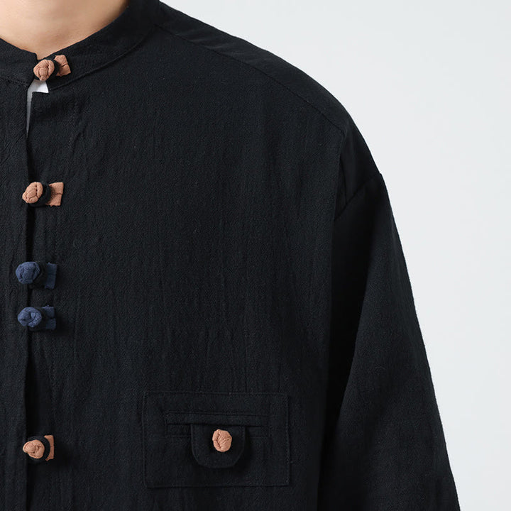 Buddha Stones Summer Frog-Button Front Stand Collar Men's Three Quarter Sleeve Cotton Shirt Cardigan With Pocket - image 18