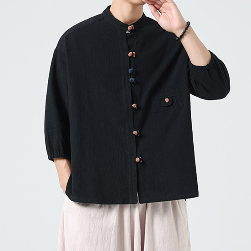 Buddha Stones Summer Frog-Button Front Stand Collar Men's Three Quarter Sleeve Cotton Shirt Cardigan With Pocket - image 16