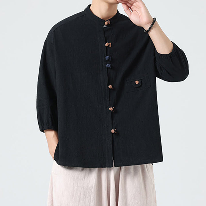 Buddha Stones Summer Frog-Button Front Stand Collar Men's Three Quarter Sleeve Cotton Shirt Cardigan With Pocket - image 16