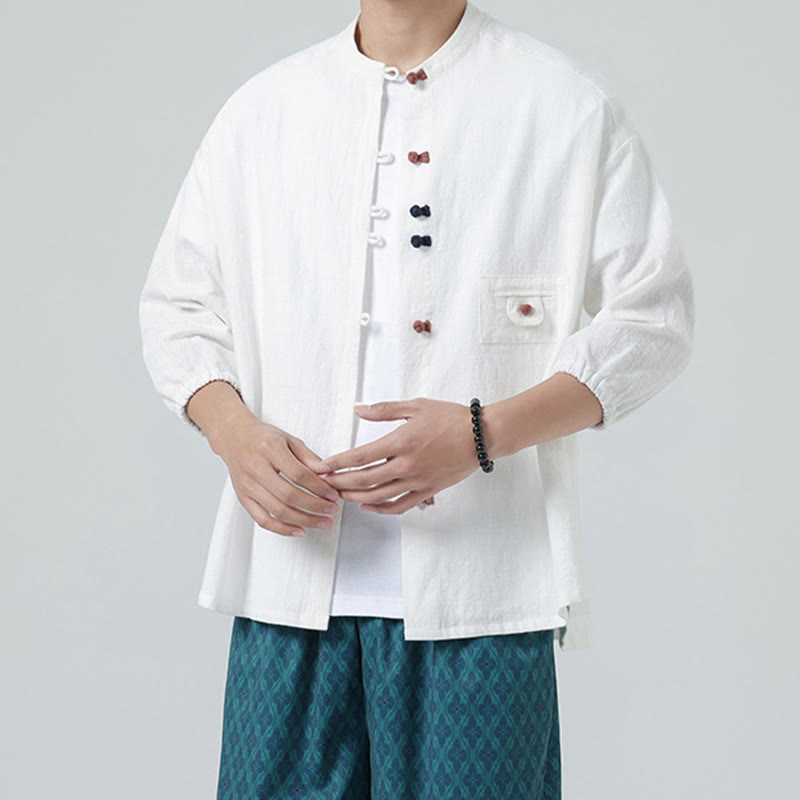 Buddha Stones Summer Frog-Button Front Stand Collar Men's Three Quarter Sleeve Cotton Shirt Cardigan With Pocket - image 1