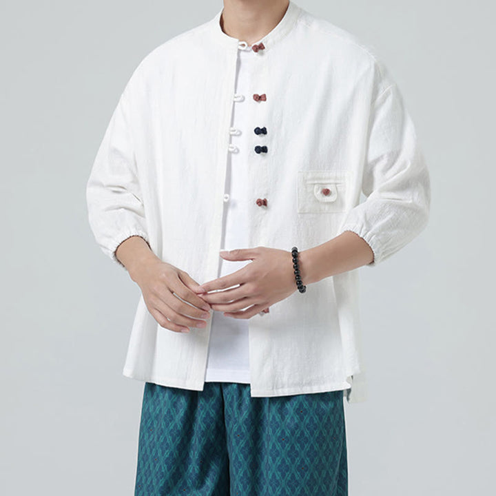 Buddha Stones Summer Frog-Button Front Stand Collar Men's Three Quarter Sleeve Cotton Shirt Cardigan With Pocket - image 1