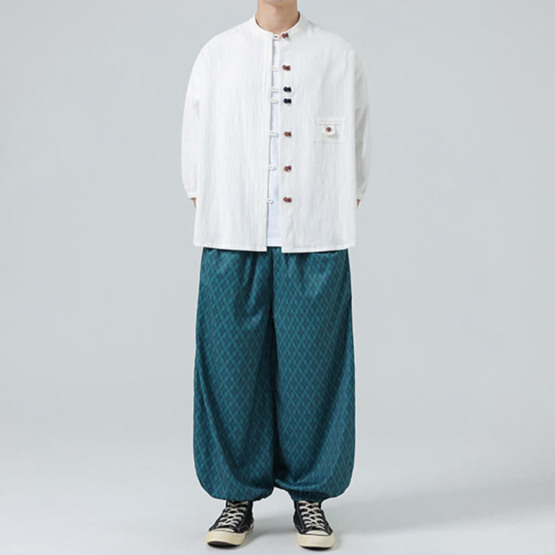 Buddha Stones Summer Frog-Button Front Stand Collar Men's Three Quarter Sleeve Cotton Shirt Cardigan With Pocket - image 6
