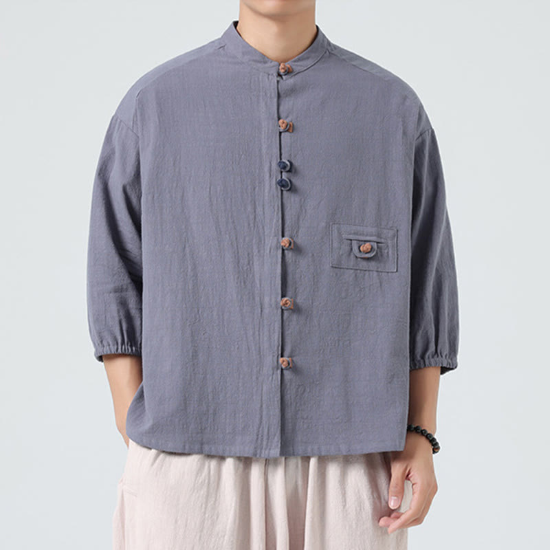 Buddha Stones Summer Frog-Button Front Stand Collar Men's Three Quarter Sleeve Cotton Shirt Cardigan With Pocket - image 21
