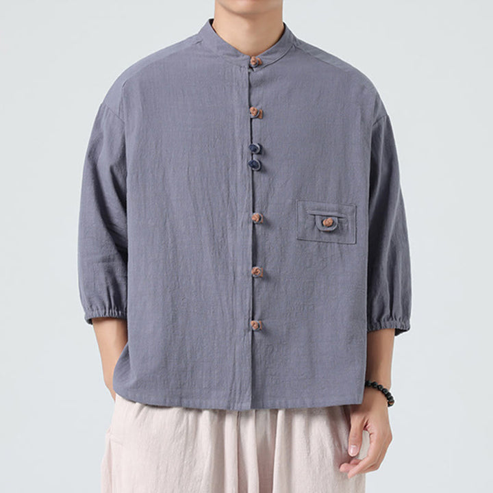 Buddha Stones Summer Frog-Button Front Stand Collar Men's Three Quarter Sleeve Cotton Shirt Cardigan With Pocket - image 21