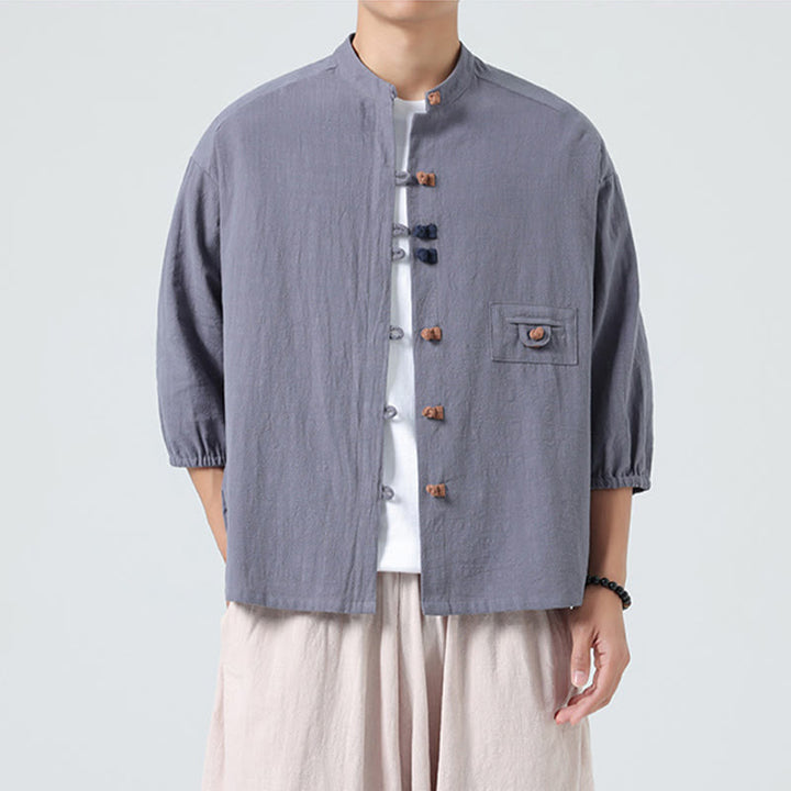 Buddha Stones Summer Frog-Button Front Stand Collar Men's Three Quarter Sleeve Cotton Shirt Cardigan With Pocket - image 23