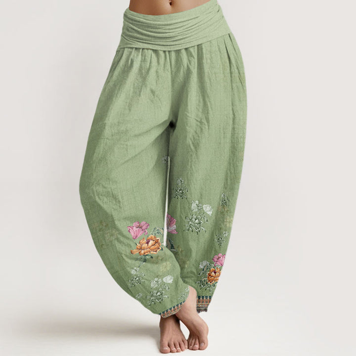 Buddha Stones Cotton Casual Plant Peony Petals Pattern Women's Elastic Waist Harem Pants - YellowGreen - US22，UK/AU26，EU54 (6XL) - image 0