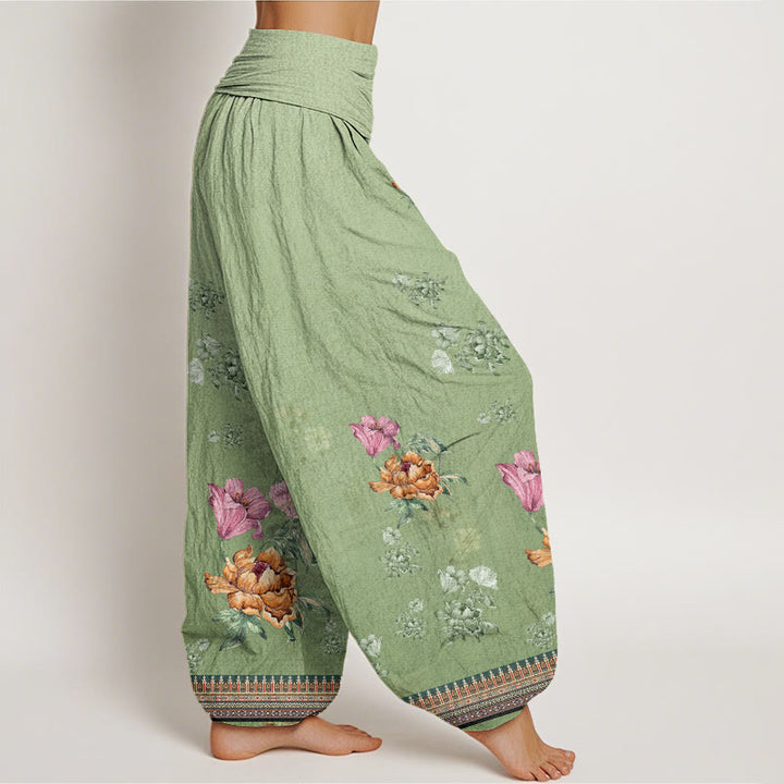 Buddha Stones Casual Plant Peony Petals Pattern Women's Elastic Waist Harem Pants - image 1