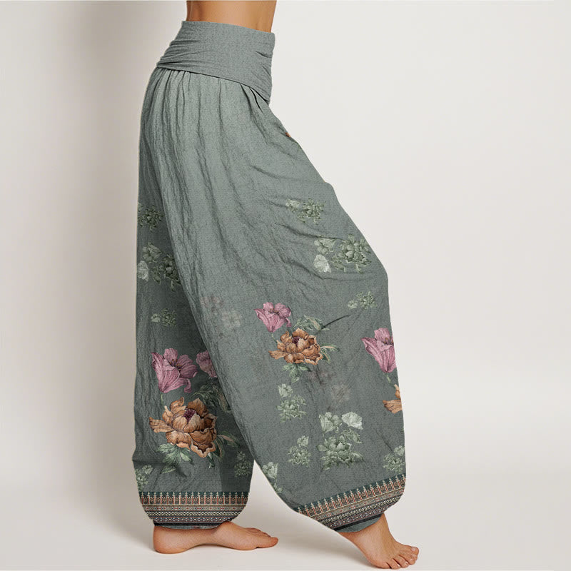 Buddha Stones Casual Plant Peony Petals Pattern Women's Elastic Waist Harem Pants - image 5