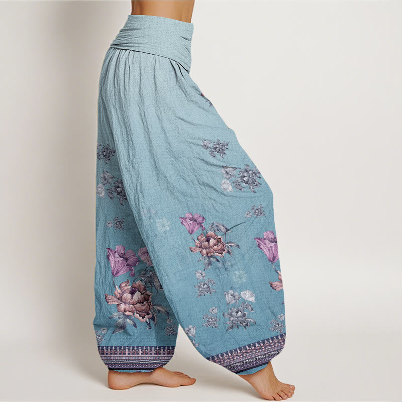 Buddha Stones Cotton Casual Plant Peony Petals Pattern Women's Elastic Waist Harem Pants - image 8