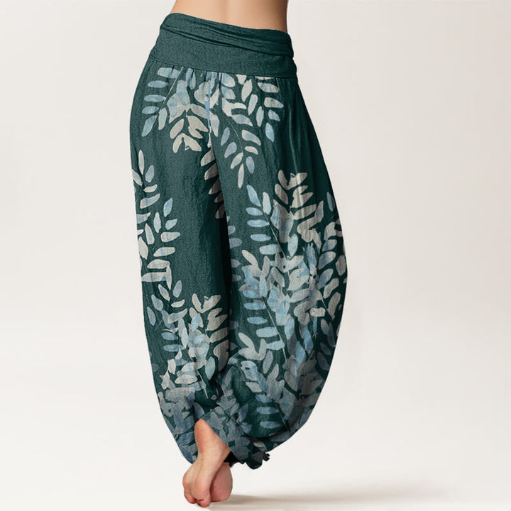 Buddha Stones Cotton Casual Plant Interlaced Leaves Pattern Women's Elastic Waist Harem Pants - image 6