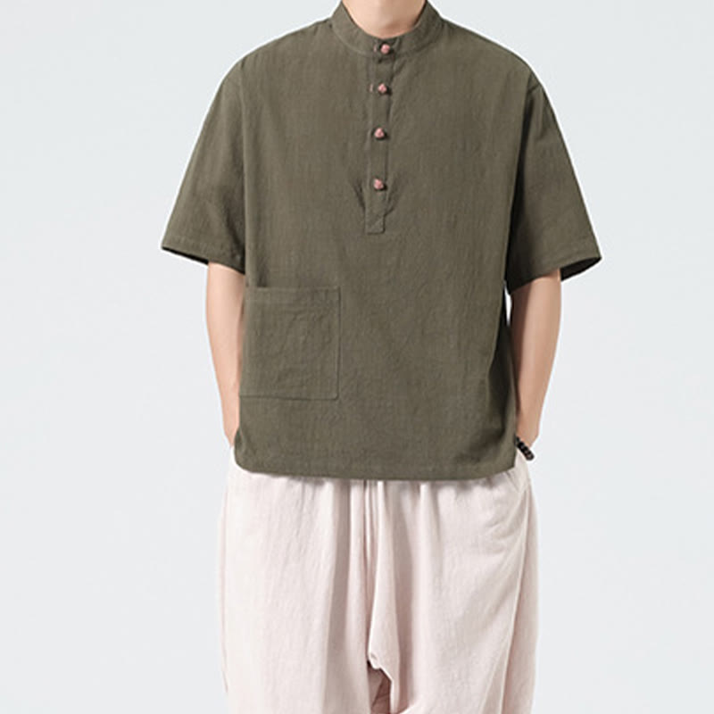 Buddha Stones Casual Half Frog-Button Design Stand Collar Tang Suit Men's Half Sleeve Cotton Shirt With Pocket - image 22