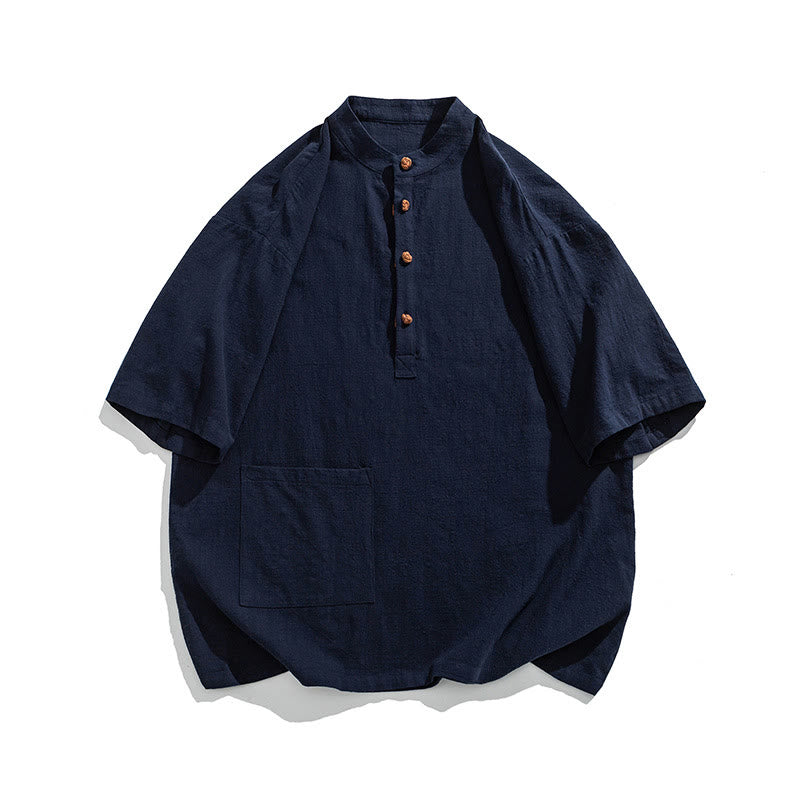 Buddha Stones Casual Half Frog-Button Design Stand Collar Tang Suit Men's Half Sleeve Cotton Shirt With Pocket - image 8