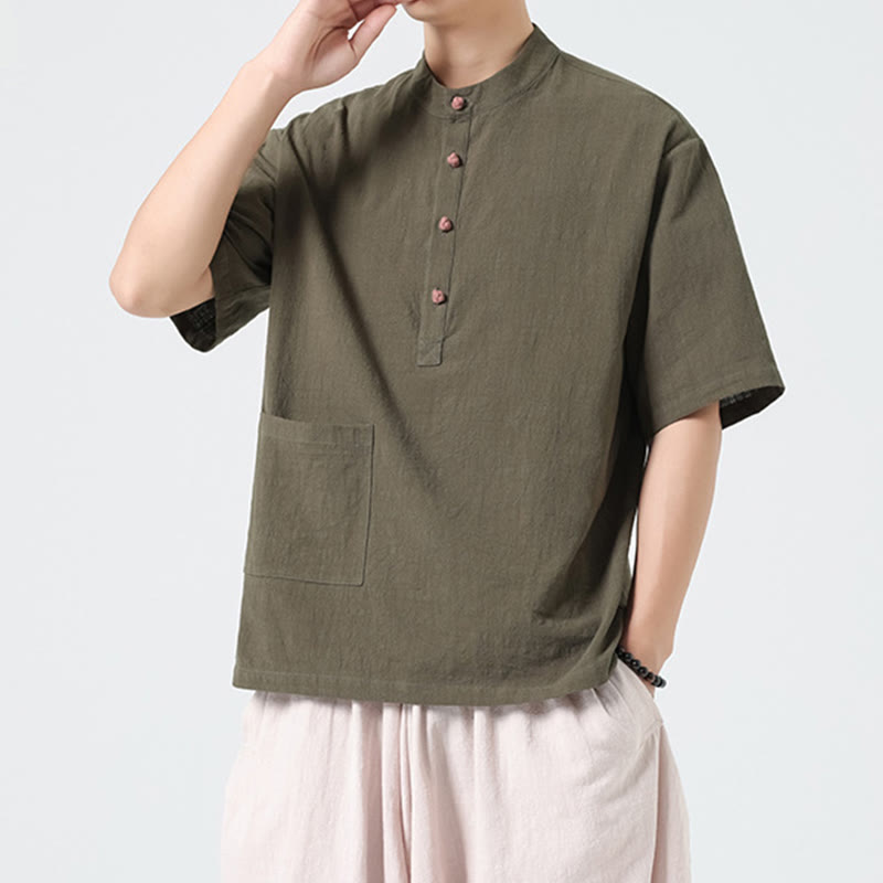 Buddha Stones Casual Half Frog-Button Design Stand Collar Tang Suit Men's Half Sleeve Cotton Shirt With Pocket - image 24