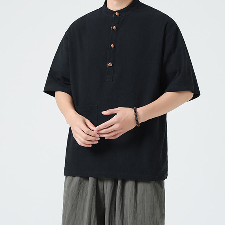 Buddha Stones Casual Half Frog-Button Design Stand Collar Tang Suit Men's Half Sleeve Cotton Shirt With Pocket - image 12