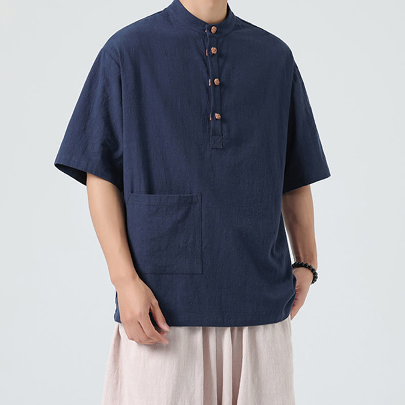 Buddha Stones Casual Half Frog-Button Design Stand Collar Tang Suit Men's Half Sleeve Cotton Shirt With Pocket - image 1
