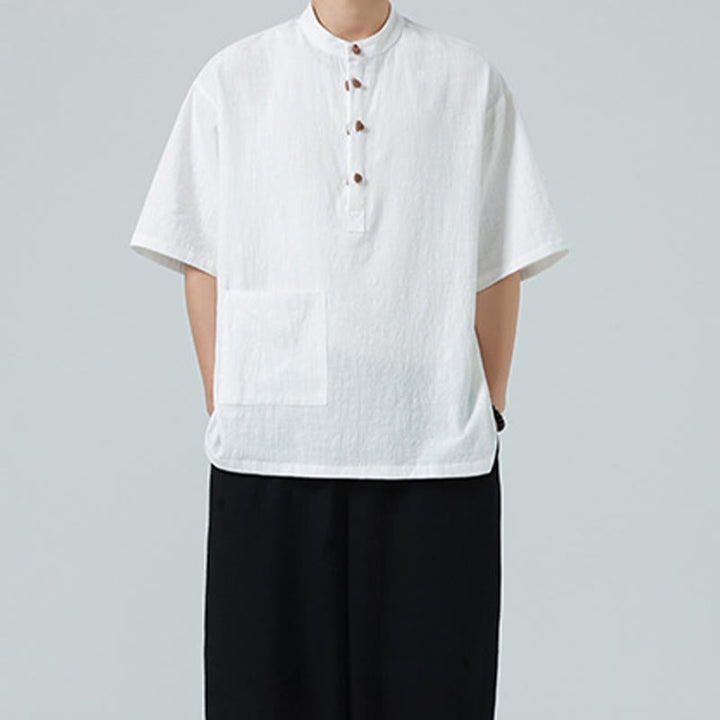 Buddha Stones Casual Half Frog-Button Design Stand Collar Tang Suit Men's Half Sleeve Cotton Shirt With Pocket - image 20