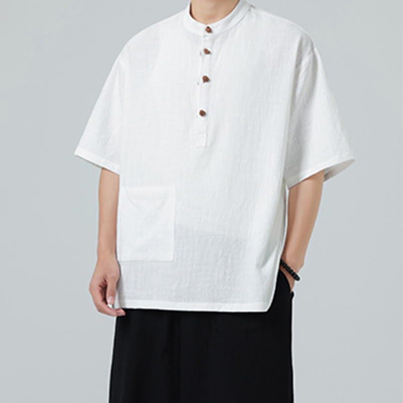 Buddha Stones Casual Half Frog-Button Design Stand Collar Tang Suit Men's Half Sleeve Cotton Shirt With Pocket - image 16