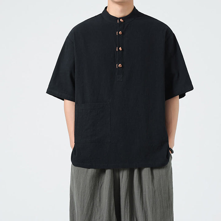 Buddha Stones Casual Half Frog-Button Design Stand Collar Tang Suit Men's Half Sleeve Cotton Shirt With Pocket - Black - US/UK/AU46，EU56 (5XL) - image 9