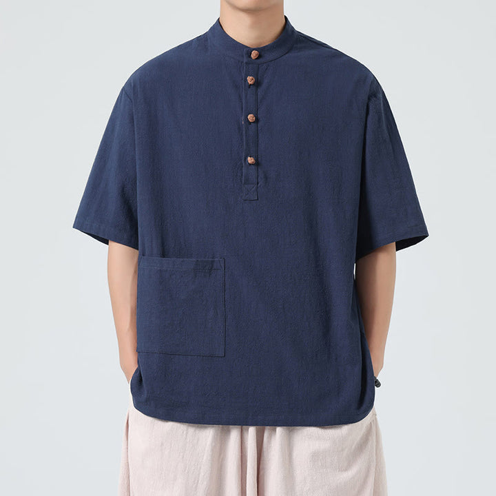 Buddha Stones Casual Half Frog-Button Design Stand Collar Tang Suit Men's Half Sleeve Cotton Shirt With Pocket - image 4