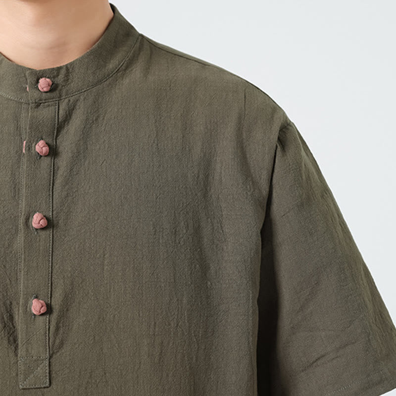 Buddha Stones Casual Half Frog-Button Design Stand Collar Tang Suit Men's Half Sleeve Cotton Shirt With Pocket - image 28