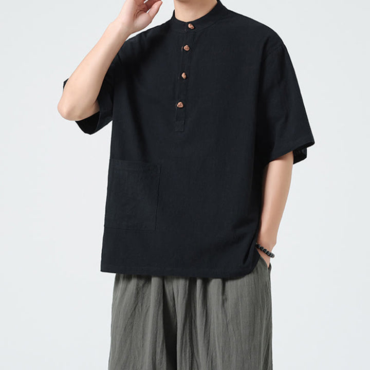 Buddha Stones Casual Half Frog-Button Design Stand Collar Tang Suit Men's Half Sleeve Cotton Shirt With Pocket - image 11